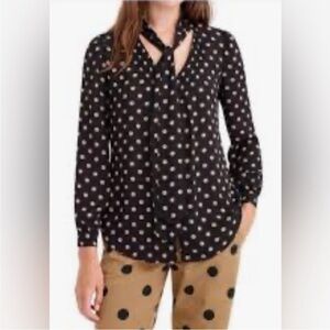 J. Crew 365 Black and Tan Polka Dot Blouse with tie neck detail, size 6